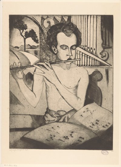 Ragazzo seminudo che suona un flauto da Lodewijk Schelfhout (signed by artist)