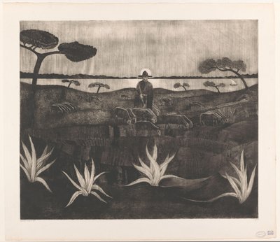 Pastore con un gregge di pecore in un paesaggio collinare da Lodewijk Schelfhout (signed by artist)