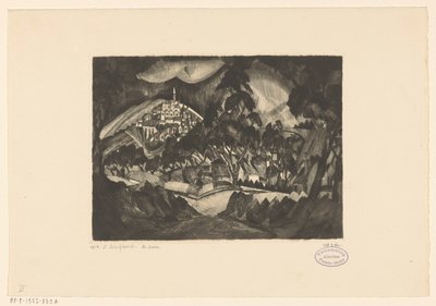 Paesaggio collinare con alberi e edifici da Lodewijk Schelfhout (signed by artist)