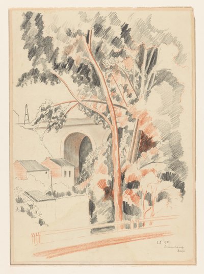 Case e alberi sotto un viadotto a Remouchamps da Lodewijk Schelfhout (signed by artist)