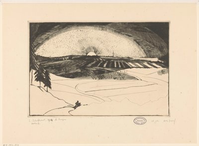Sole che sorge o tramonta sopra un paesaggio collinare da Lodewijk Schelfhout (signed by artist)