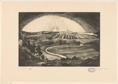 Sole che sorge o tramonta sopra un paesaggio collinare da Lodewijk Schelfhout (signed by artist)