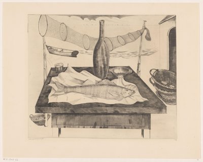 Natura morta con pesce, bottiglia e rete da pesca da Lodewijk Schelfhout (signed by artist)