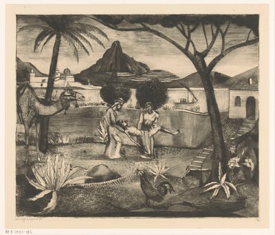 Due uomini che trasportano un uomo in un giardino da Lodewijk Schelfhout (signed by artist)