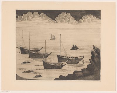 Quattro navi ancorate su una spiaggia bretone da Lodewijk Schelfhout (signed by artist)