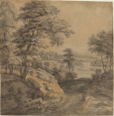 Paesaggio boscoso con una strada da Lodewijk de Vadder
