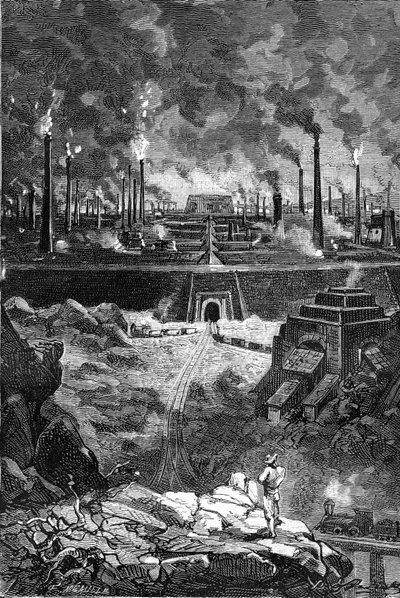Disegno di Leon Benett, dal libro di Jules Verne “I 500 milioni della Begum” - edizione Hetzel/Viaggi Straordinari 1879. Vista della “Città d