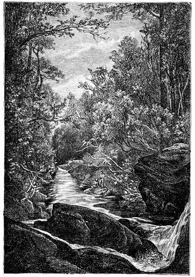 Ruscello di montagna con rocce e cascata nel mezzo di una foresta. Disegno di Leon Benett inciso da Meaulle per l