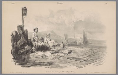 Tre bambini che giocano in una baia (Rappresentazioni della vita rurale) da Léon Jean Baptiste Sabatier
