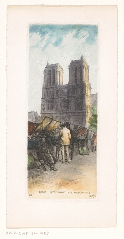 Veduta di Notre-Dame a Parigi con librai in primo piano da Léopold Robin