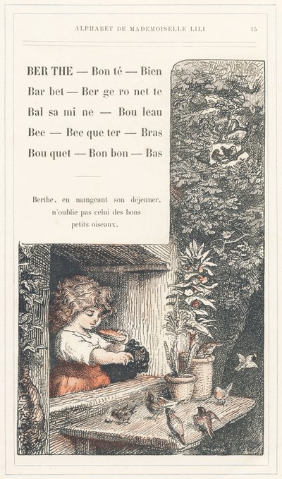 Berthe, Bontà, Pozzo, Barbet, Ballerina, Balsamina, Betulla, Becco, Becchettare, Braccio, Bouquet, Caramella, Fondo, pagina 15 - Alfabeto di Mademoiselle Lili, di L. Froelich e di un papà (Hetzel stesso). Bibliothèque & Magasin d