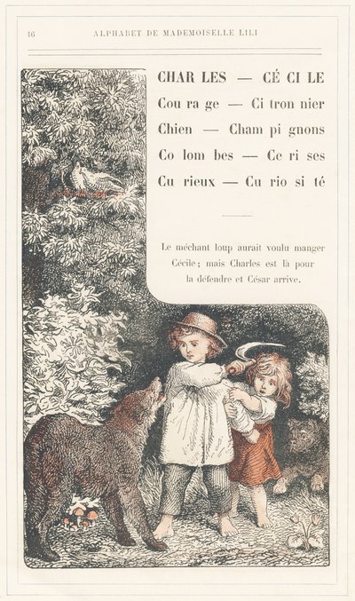 Charles, Cecile, Coraggio, Albero di limone, Cane, Funghi, Colombe, Ciliegie, Curioso, Curiosità, pagina 16 - Alfabeto di Mademoiselle Lili, di L. Froelich e di un papà (Hetzel stesso). Bibliothèque & Magasin d