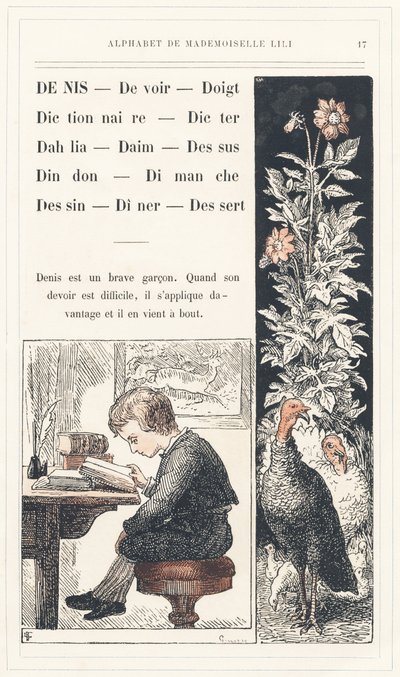 Denis, Dovere, Dito, Dizionario, Dettare, Dalia, Svezia, Cima, Tacchino, Domenica, Disegno, Cena, Dessert, pagina 17 - Alfabeto di Mademoiselle Lili, di L. Froelich e di un papà (Hetzel stesso). Bibliothèque & Magasin d
