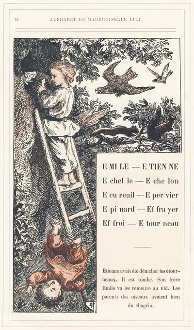 Emile, Etienne, Echelle, Echelon, Scoiattolo, Passero, Spinaci, Spaventapasseri, Farry, Stourneau, pagina 18 - Alfabeto di Mademoiselle Lili, di L. Froelich e di un papà (Hetzel stesso). Bibliothèque & Magasin d
