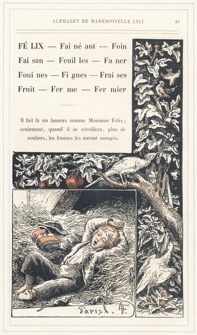 Felix, Fieno, Fagiano, Foglie, Faner, Donnole, Fichi, Fragole, Frutta, Fattoria, Agricoltore, pagina 19 - Alfabeto di Mademoiselle Lili, di L. Froelich e di un padre (Hetzel stesso). Bibliothèque & Magasin d