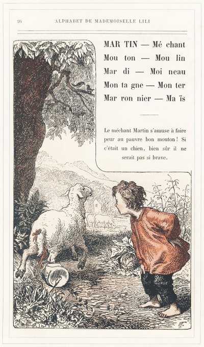 Martin, Cattivo, Pecora, Mulino, Martedì, Passero, Montagna, Salita, Castagna, Mais, pagina 26 - Alfabeto di Mademoiselle Lili, di L. Froelich e di un papà (Hetzel stesso). Bibliothèque & Magasin d