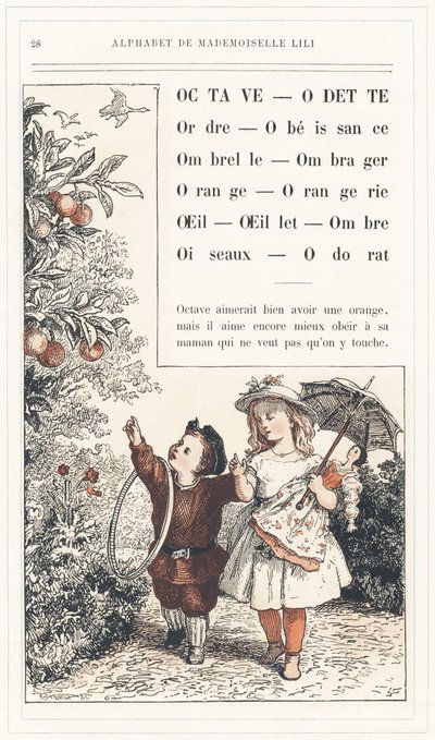 Ottava, Odette, Ordine, Obbedienza, Ombrello, Ombra, Arancia, Aranciera, Occhio, Garofano, Ombra, Uccelli, Odore, pagina 28 - Alfabeto di Mademoiselle Lili, di L. Froelich e di un papà (Hetzel stesso). Bibliothèque & Magasin d