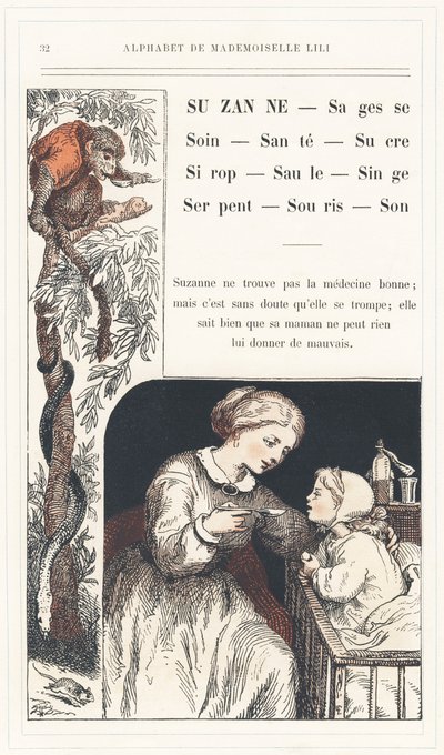Suzanne, Saggezza, Cura, Salute, Zucchero, Sciroppo, Salice, Scimmia, Serpente, Topo, Suono, pagina 32 - Alfabeto di Mademoiselle Lili, di L. Froelich e di un papà (Hetzel stesso). Bibliothèque & Magasin d