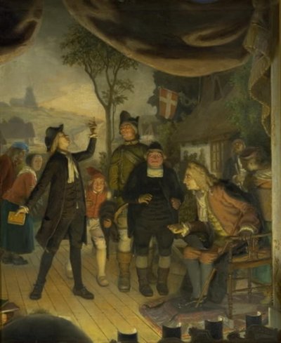Ludvig Holberg assiste a una prova della sua commedia Erasmus Montanus, Atto IV, Scena 2 da Lorenz Frølich