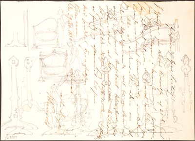 Schizzi di mobili disegnati su una lettera da Lorenz Frølich