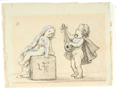 Vignetta con ragazzo che suona il mandolino per una ragazza da Lorenz Frølich