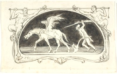 Vignetta con un Pegaso esausto davanti a un aratro, guidato da un uomo con un cappello alto, armato di una grande penna da Lorenz Frølich