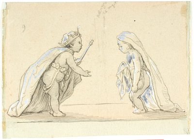 Vignetta con due bambini vestiti da re e giovane sposa da Lorenz Frølich