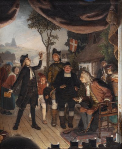 Ludvig Holberg assiste a una prova della sua commedia Erasmus Montanus, Atto IV, Scena 2 da Lorenz Frølich