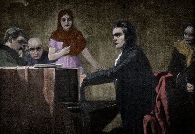 Ludwig van Beethoven suona la Sonata al chiaro di luna - incisione dopo Lorenz Vogel - Ludwig van Beethoven (1770-1827), musicista tedesco, che suona la sonata in UT minore (Chiaro di luna) dopo il dipinto di Lorenz Vogel (1846-1902) da Lorenz Vogel