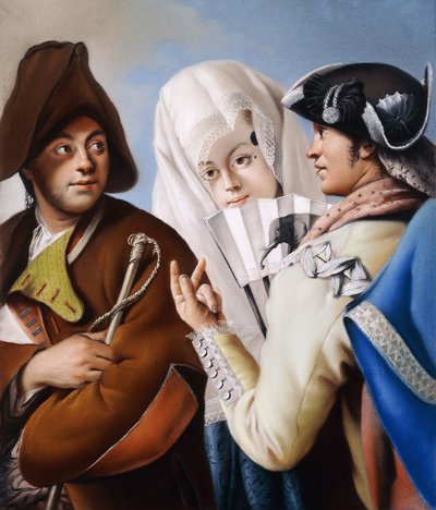 Un gentiluomo con un berretto frigio che viene rivolto da un gentiluomo con un cappotto giallo e un cappello tricorno nero con una signora in un vestito di broccato blu e una mantiglia bianca da Lorenzo Baldissera Tiepolo