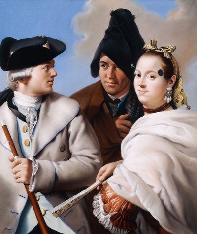 Un Gentiluomo con un Cappello a Tre Punte che Tiene un Bastone, un Gentiluomo con un Berretto Frigio Nero e una Giovane Donna con una Mouche in un Vestito Rosso da Lorenzo Baldissera Tiepolo