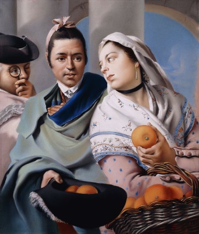 Una ragazza con un vestito rosa e uno scialle bianco che offre arance a un gentiluomo con un mantello verde che tiene un cappello tricorno osservato da un gentiluomo con un monocolo da Lorenzo Baldissera Tiepolo