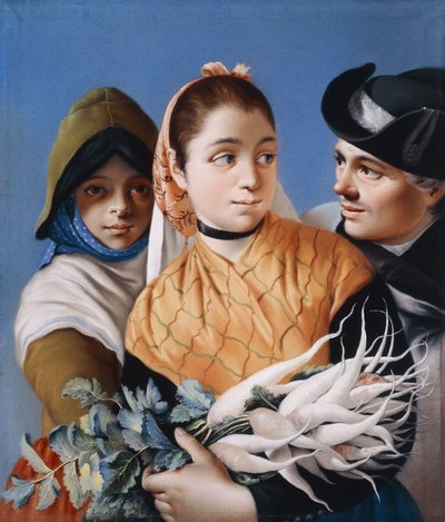 Una ragazza con uno scialle arancione che tiene delle rape, una ragazza con un cappello e un vestito verde e un gentiluomo con un cappello tricorno nero da Lorenzo Baldissera Tiepolo