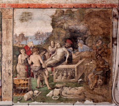 Vita di Santa Cecilia: Sepoltura di San Valeriano e San Tiburzio (affresco) da Lorenzo Costa