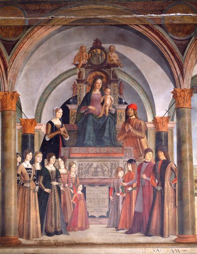 Madonna con Bambino e Angeli di Lorenzo Costa, cappella Bentivoglio nella Chiesa di San Giacomo Maggiore, Bologna, Italia da Lorenzo Costa