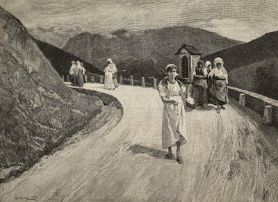 Sulla Via Sacra, pellegrina che cammina lungo il sentiero, Brera, Esposizioni Unite, Milano, Italia, incisione di F Cantagalli da dipinto di Lorenzo Delleani (1840-1908) da L