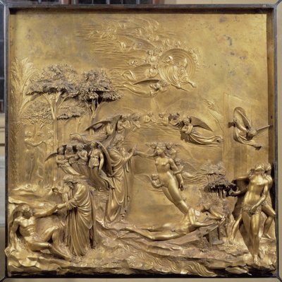 Storia della vita di Adamo: la nascita di Adamo, la creazione di Eva e Adamo ed Eva cacciati dal Paradiso. Pannello originale della porta del Paradiso da Lorenzo Ghiberti