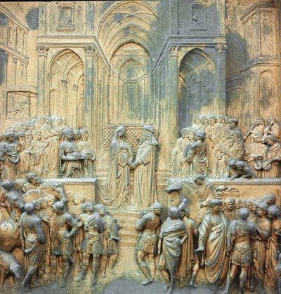 Re Salomone riceve la Regina di Saba al Tempio di Basso Rilievo di Lorenzo Ghiberti (1378-1455) 1424-1452 Firenze, Porta del Paradiso del Battistero da Lorenzo Ghiberti