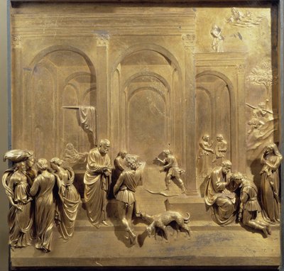 Vita di Giacobbe ed Esaù: Esaù vende la sua primogenitura e Isacco benedice Giacobbe. Pannello originale della porta del Paradiso da Lorenzo Ghiberti