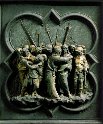 Porta Nord (detta Porta della Croce, a nord), dettaglio esterno: Il bacio di Giuda, scultura in bronzo realizzata da Lorenzo Ghiberti da Lorenzo Ghiberti