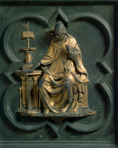 Porta Nord (detta Porta della Croce, nord), dettaglio esterno: San Gregorio Magno. Scultura in bronzo di Lorenzo Ghiberti da Lorenzo Ghiberti
