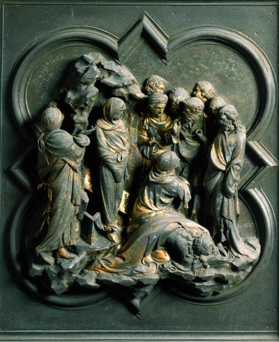 Porta Nord (detta Porta della Croce, a nord), dettaglio esterno: la resurrezione di Lazzaro. Scultura in bronzo di Lorenzo Ghiberti da Lorenzo Ghiberti