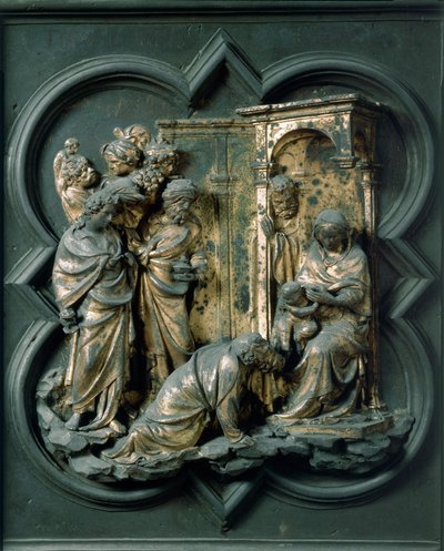 Porta Nord (detta Porta della Croce, a Nord), dettaglio esterno: Adorazione dei Magi. Scultura in bronzo realizzata da Lorenzo Ghiberti (1378-1455) da Lorenzo Ghiberti