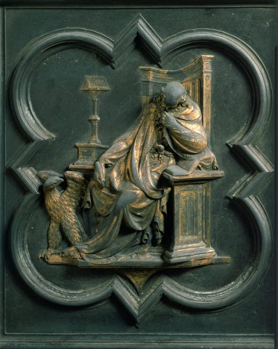 Porta Nord (chiamata Porta della Croce, a Nord), dettaglio esterno: San Giovanni Evangelista. Scultura in bronzo realizzata da Lorenzo Ghiberti (1378-1455) da Lorenzo Ghiberti