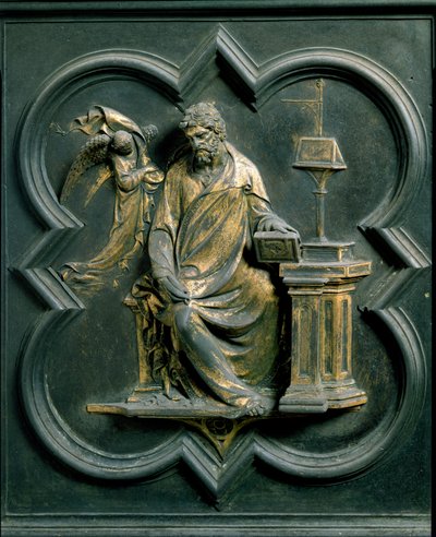 Porta Nord (detta Porta della Croce, a nord), dettaglio esterno: San Matteo. Scultura in bronzo di Lorenzo Ghiberti da Lorenzo Ghiberti