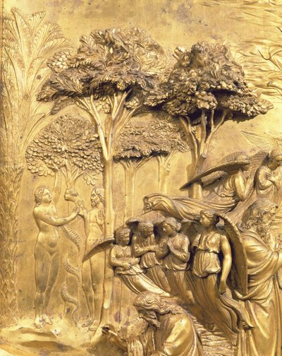 La Storia di Adamo, (dettaglio) della Tentazione di Adamo ed Eva, da uno dei pannelli originali delle Porte Est del Battistero (post restauro) da Lorenzo Ghiberti
