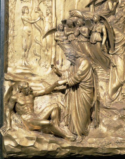La Storia di Adamo, (dettaglio) della Creazione di Adamo e della Tentazione di Adamo ed Eva, da uno dei pannelli originali delle Porte Est del Battistero (post restauro) da Lorenzo Ghiberti