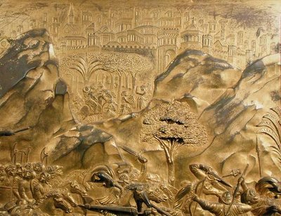 La storia di Davide e Golia, dettaglio di sfondo dal pannello originale dalle Porte Est del Battistero da Lorenzo Ghiberti