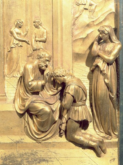 La Storia di Giacobbe ed Esaù, (dettaglio) della Benedizione di Isacco a Giacobbe, dal pannello originale delle Porte Est del Battistero (post restauro) da Lorenzo Ghiberti