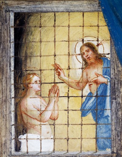 Cristo visita Santa Barbara in prigione e la guarisce, dettaglio dalle Storie di Santa Barbara da Lorenzo Lotto